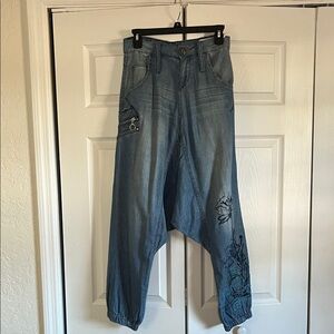 Desigual The Handmade Sarouel Fit Chambray Harem Pants Size 24 Embroidered Boho